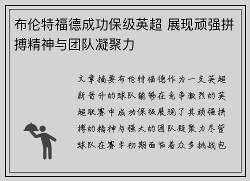 布伦特福德成功保级英超 展现顽强拼搏精神与团队凝聚力